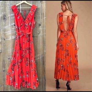 Red Orange Floral Pleated Chiffon Backless Maxi Dress 🌿
